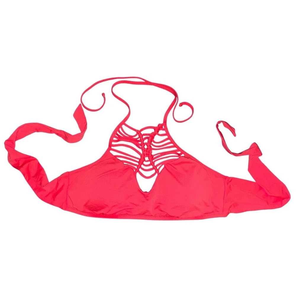 BECCA Red Strappy Halter Bikini Top Cage Front Tie Back‎ Swim, Size L